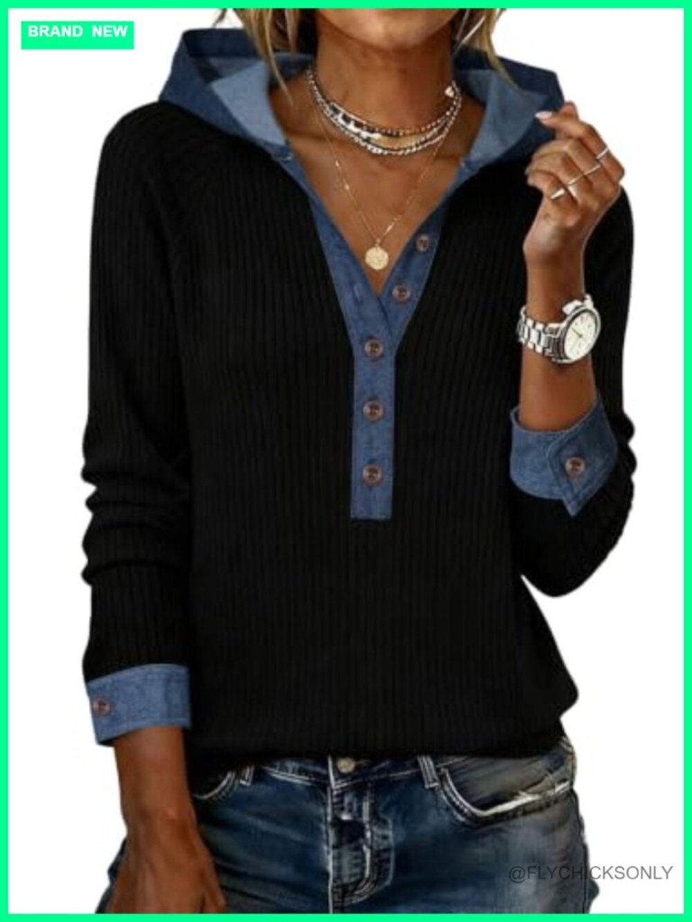 Women's Denim Patchwork Tunic Top Buttoned Polo Collar Long Sleeve